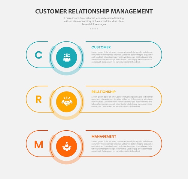 CRM customer relationship management infographic outline style with 3 point template with long round rectangle shape with stack vertical layout for slide presentation
