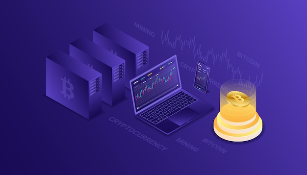 Cryptocurrency, bitcoin, blockchain, mining, technology, internet IoT, security, responsive dashboard isometric  illustration  cpu computer