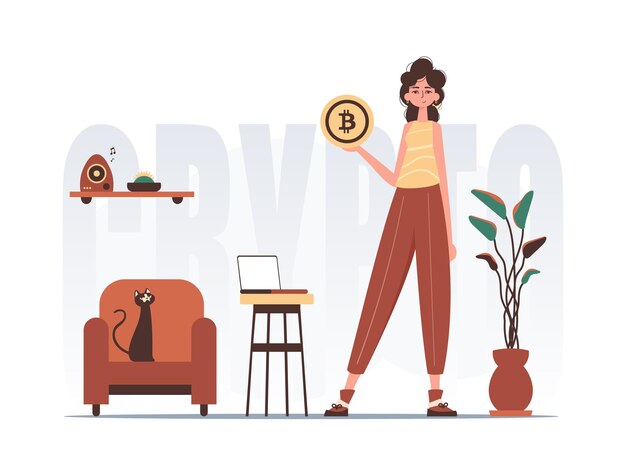 cryptocurrency concept a woman holds a bitcoin in her hands character with a modern style