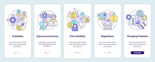 Cryptocurrency drawbacks onboarding mobile app screen Scalability walkthrough 5 steps graphic instructions pages with linear concepts UI UX GUI template Myriad ProBold Regular fonts used
