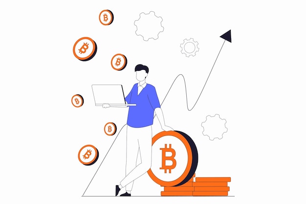 Cryptocurrency mining concept with people scene in flat outline design