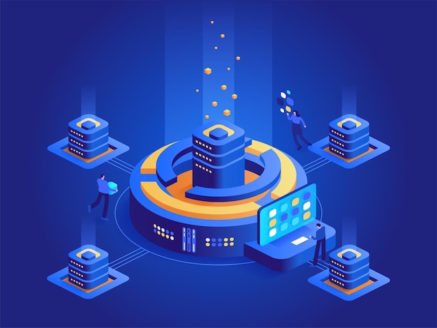 Cryptocurrency mining isometric concept