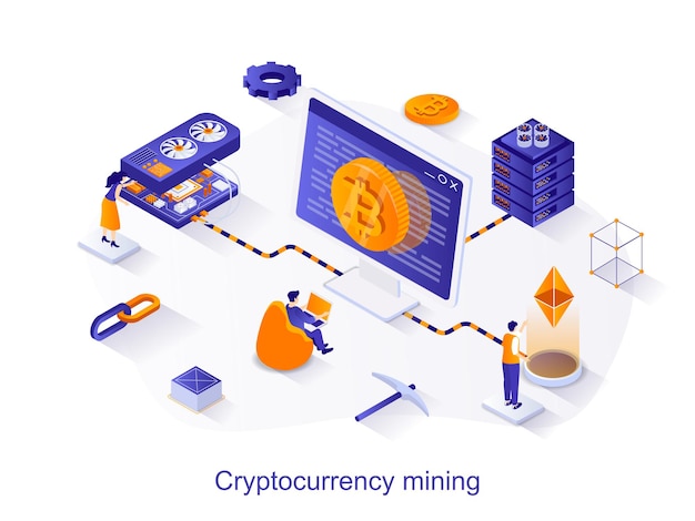 cryptocurrency mining isometric web concept people working at laptop or mining farm earning