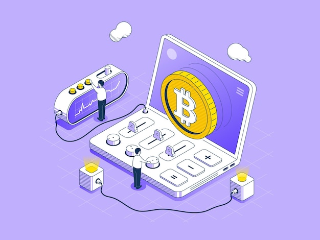Cryptocurrency mining process Laptop and control panels with configuring workers bitcoin symbol