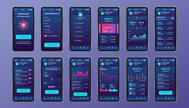 cryptocurrency unique design kit for mobile app. bitcoin mining screens with progress charts and financial analytics. cryptocurrency platform ui, ux templates. gui for responsive mobile application.