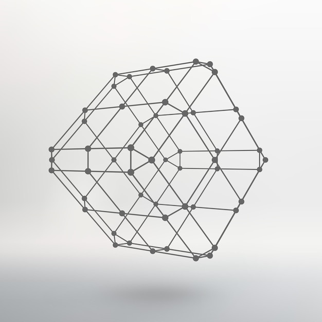 cube of lines and dots. cube of the lines connected to points. molecular lattice. the structural grid of polygons. white background. the facility is located on a white studio background.