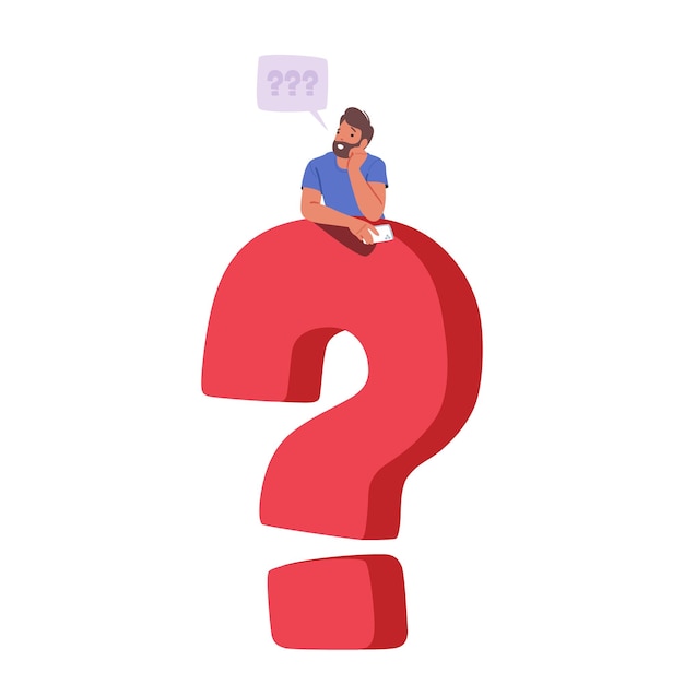 Curious Male Character Holding Phone Pondering Life's Uncertainties Symbolized By A Large Question Mark