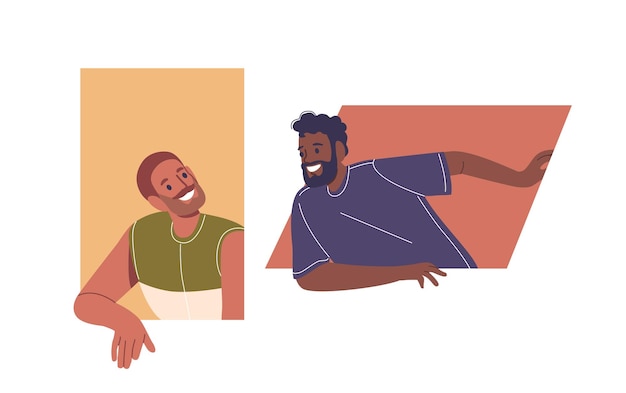 curious people lean out of bold shapes expressing joy and connection in vibrant colors image