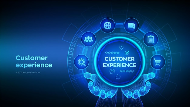 Customer Experience technology concept in wireframe hands Customer Satisfaction Survey Service