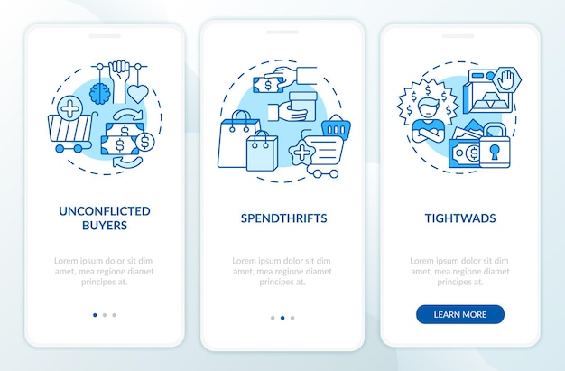Customers types onboarding mobile app page screen with concepts