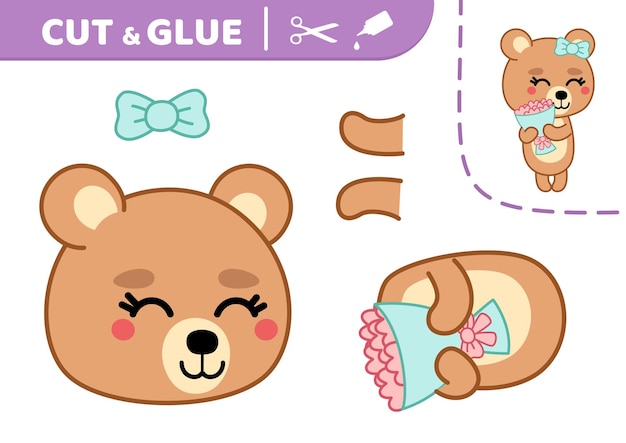 Cut and glue Bear girl and bouquet of flower Applique Paper game Vector
