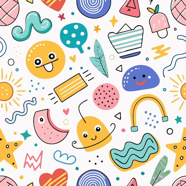 Cute Abstract Shapes Seamless Pattern Design with Stars Sun Rainbow and More