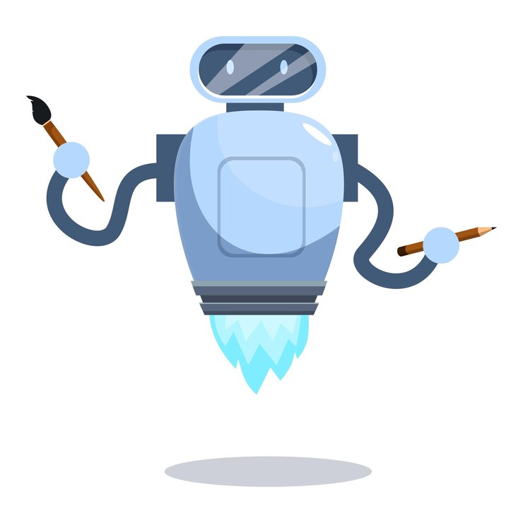 Vektor cute ai robot flying and holding paint brush and pencil