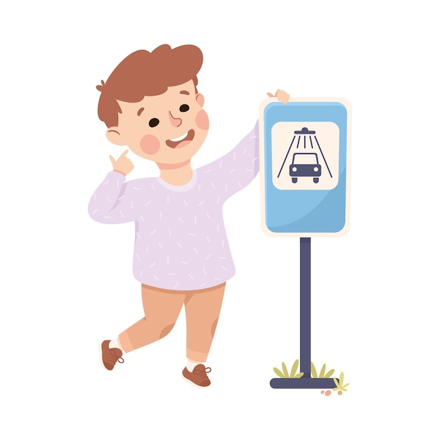 Cute Boy Standing Near Car Wash Traffic Sign on Pole Learning Rules of Road Vector Illustration