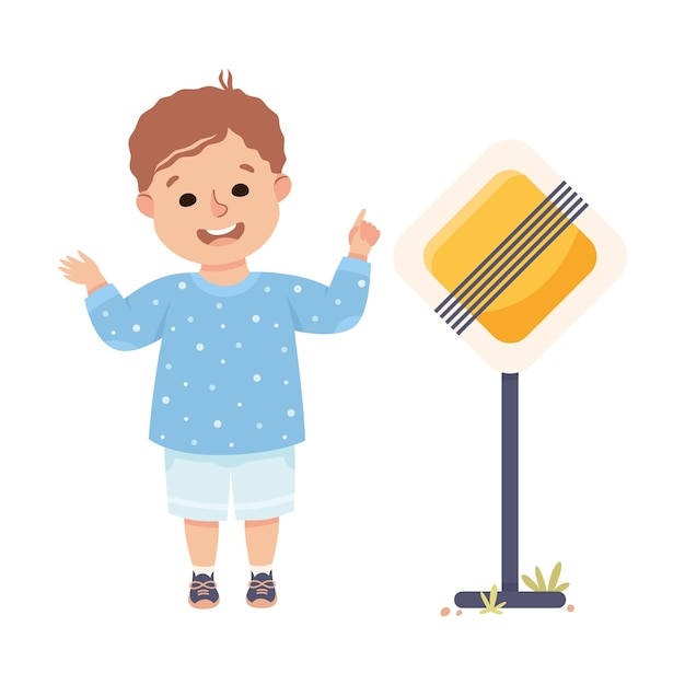 Cute Boy Standing Near Traffic Sign on Pole Learning Rules of Road Vector Illustration