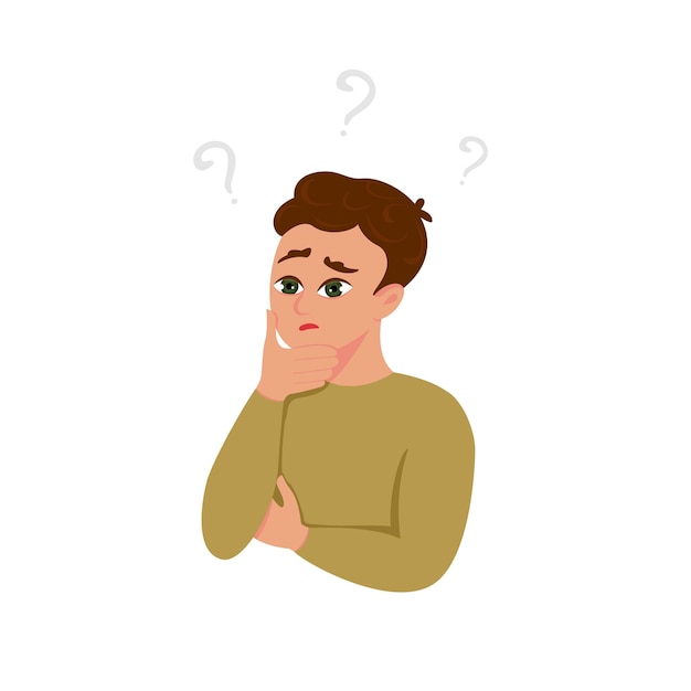 cute boy thinking about something and question mark flies above him