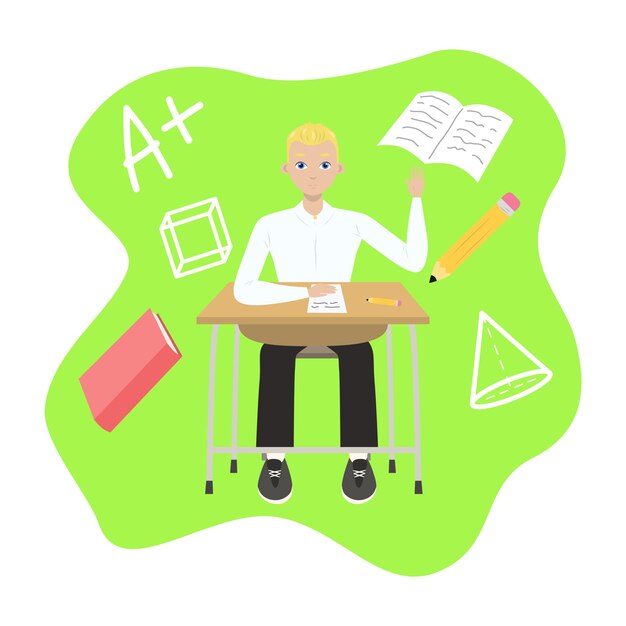 Cute boy with blonde hair sitting at a school desk near book pencil mark back to school edition flat