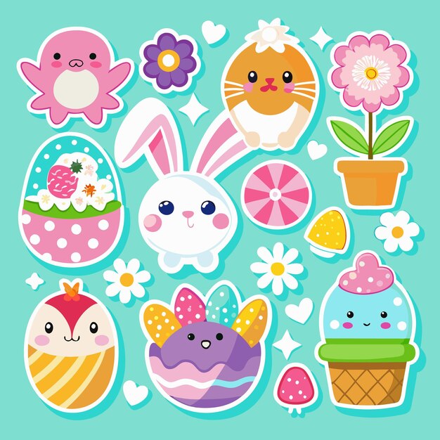 Cute cartoon Easter sticker set with bunny flowers and eggs