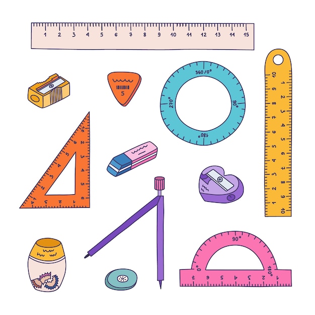 cute colorful doodle set of back to school stationery collection of rulers protractor compass erasers sharpeners pens school supply for studying drawing working with hand drawn outline