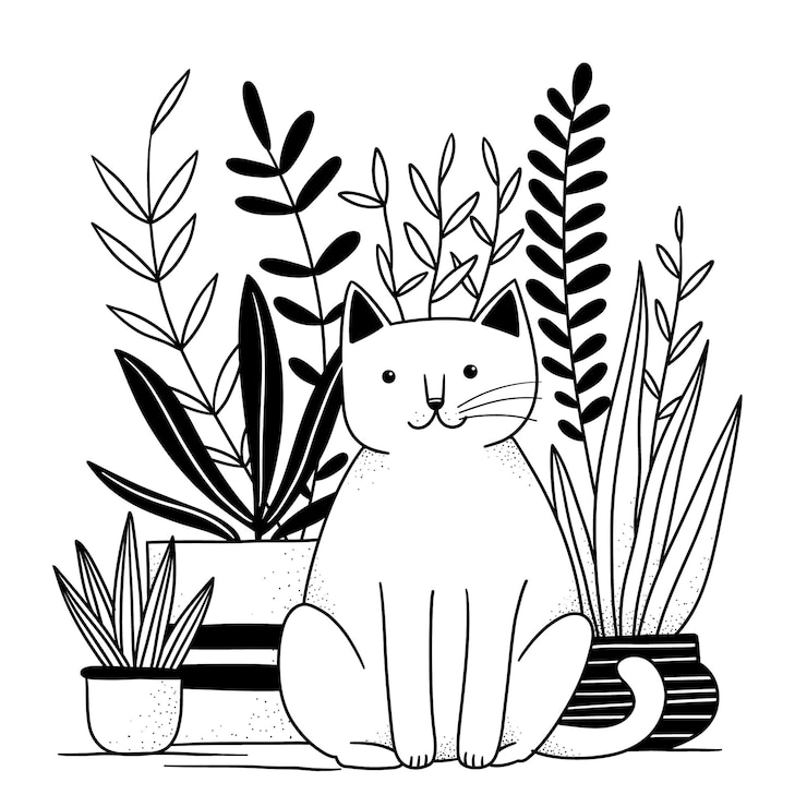 Vektor cute funny cat sitting in front of potted plants hand drawn doodle illustration black and white