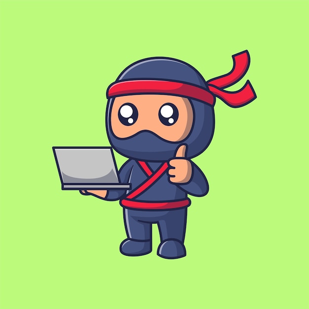 Cute ninja holding laptop cartoon icon illustration