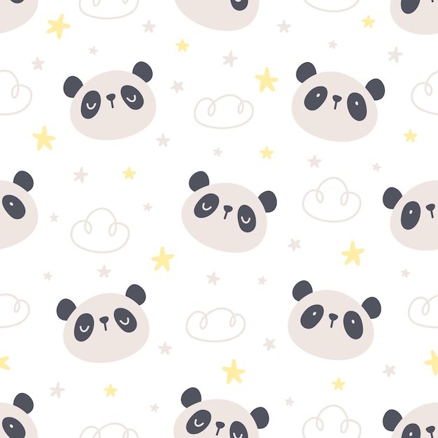 Cute panda bear and stars seamless pattern background