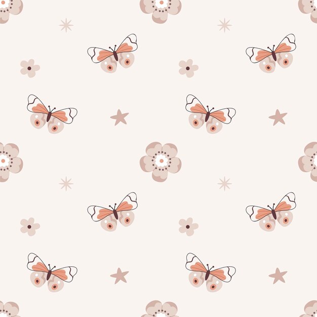 Cute pattern in Scandinavian boho minimalism style in beige neutral pastel colorsButterflies and flowersDecor for the nursery baby shower textiles