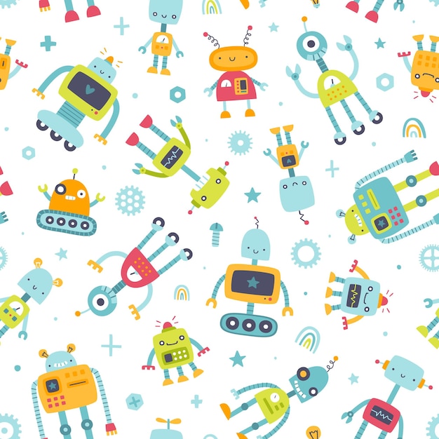 Cute pattern with diverse colorful robots for kids Seamless funny vector print