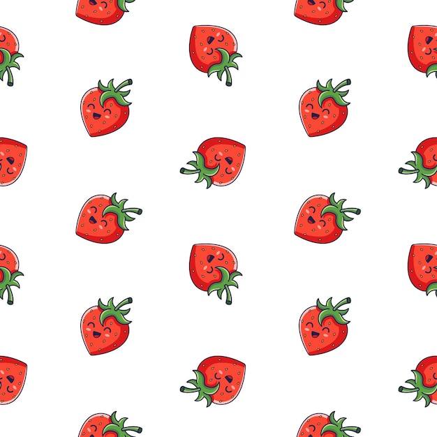 Cute red Kawaii Strawberry seamless pattern in doodle style Vector hand drawn cartoon Strawberry illustration