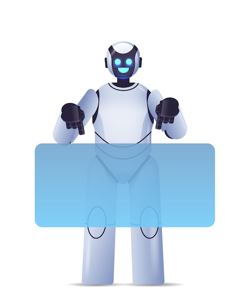 cute robot cyborg pointing at virtual board modern robotic character artificial intelligence technology