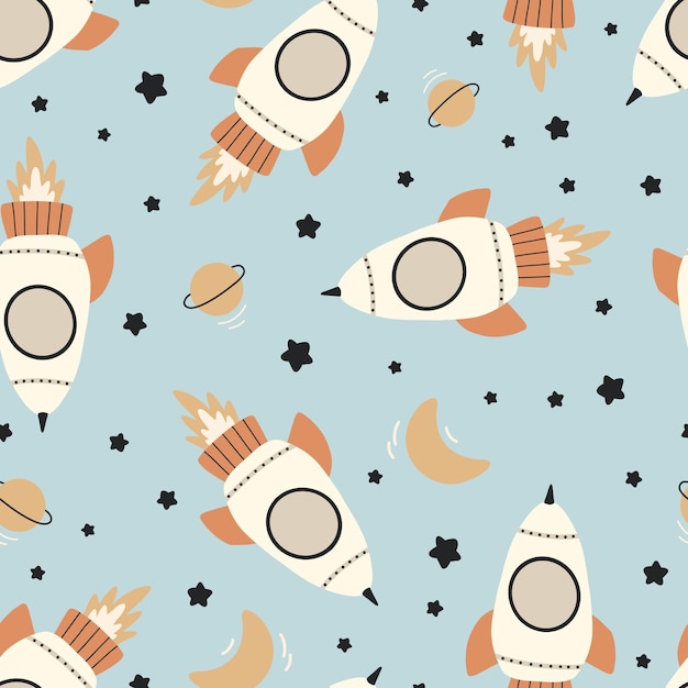 Cute seamless pattern with different rockets Space Spaceship