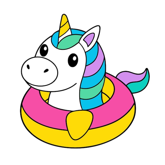 Cute Unicorn Swimming With Swimming Tires Cartoon Vector Icon Illustration