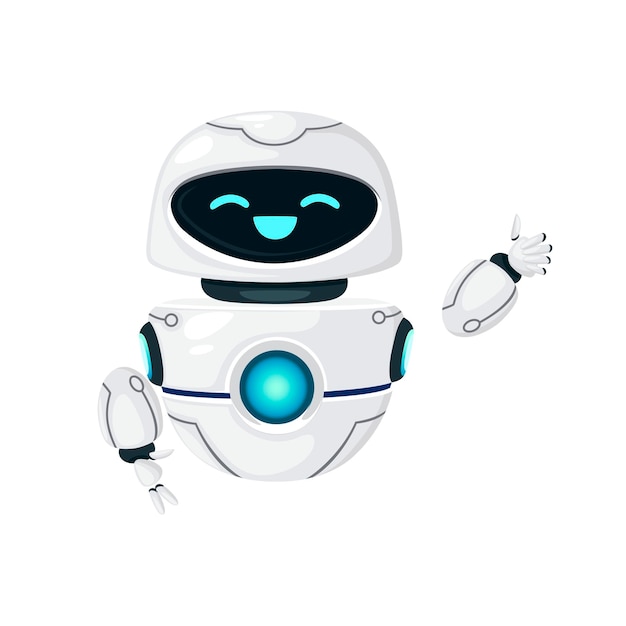 Cute white modern levitating robot waving hand and with happy face flat vector illustration isolated on white background.