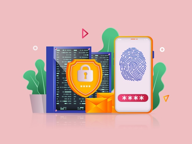 Cyber security concept 3D illustration Icon composition with smartphone with fingerprint Vector