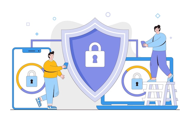 Cyber security vector illustration concept with characters Data security protected access control privacy data protection Modern flat style for landing page web banner infographics hero images