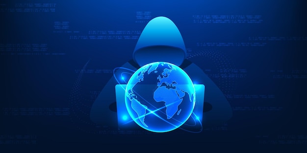 Cybersecurity Hacker technology and cyber threats with computers and digital globe in front showing cyber theft virus attacks and data extortion over a global highspeed internet network