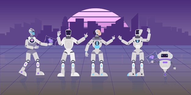 cyborg ai city composition with flat retrowave style artwork cityscape robots and people in robotic costumes vector illustration