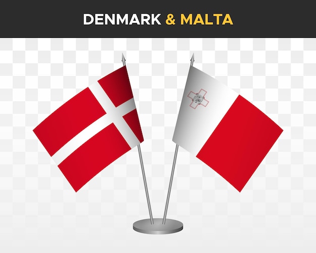 Dánsko vs. Malta, maketa stolních vlajek izolovaná 3D vektorová ilustrace, dánská stolní vlajka