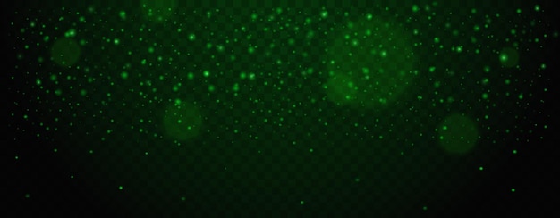 Dark green glowing particles on transparent background Abstract glittering dust and sparkling lights bokeh effects