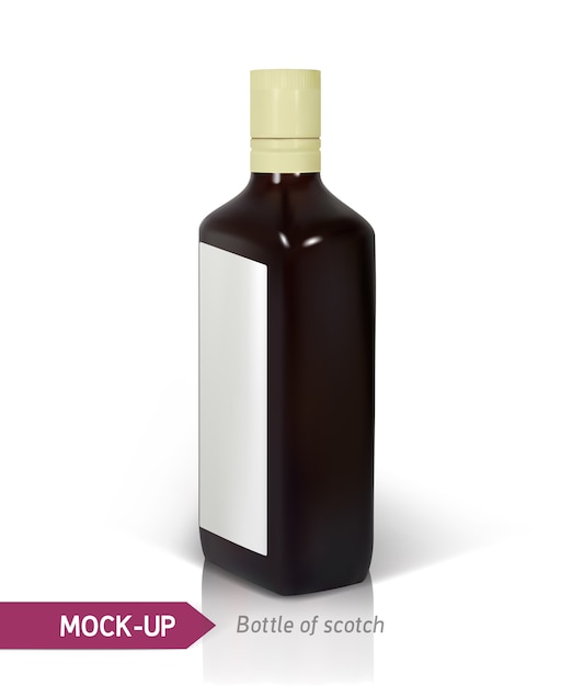 dark realistic square scotch bottle isolated on white background with reflection.