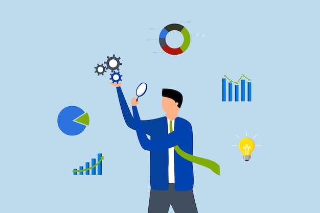 Data analysis chart and report businessman analyze data with magnifying glass