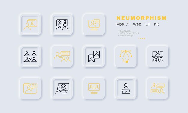 Data analysis set icon Remote work website delegation teamwork team building computer business Infographic concept Neomorphism style Vector line icon for Business and Advertising