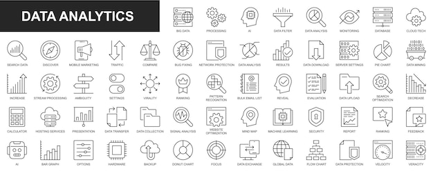 Data analytics web icons set in thin line design Pack of database big data process ai monitoring traffic hosting service optimization backup chart and other Vector outline stroke pictograms