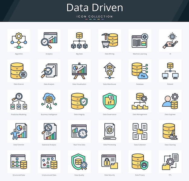 Data driven flat outline icon pack for machine learning and predictive modeling