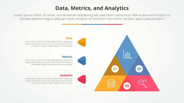 Data metrics and analytics infographic concept for slide presentation with big pyramid shape venn blending with 3 point list with flat style