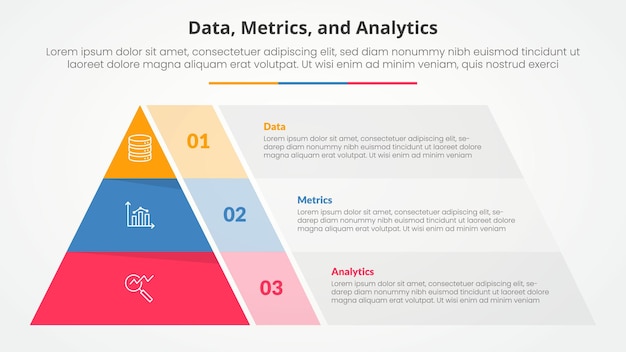 Data metrics and analytics infographic concept for slide presentation with pyramid shape and transparent container box with 3 point list with flat style