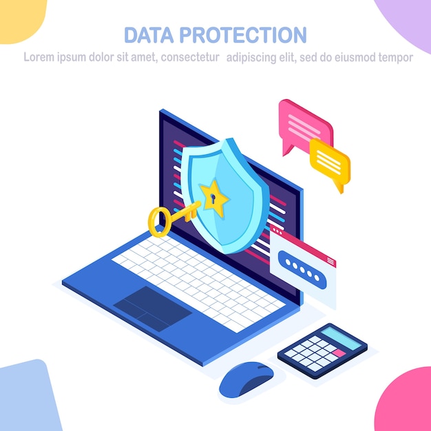Data protection. Internet security, privacy access with password.  isometric computer pc with key, lock, shield, message bubble.   