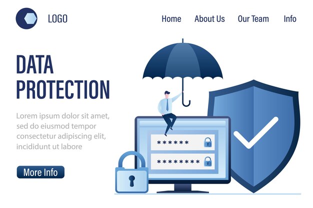Data Protection landing page template Businessman umbrella Monitor screen with login and password