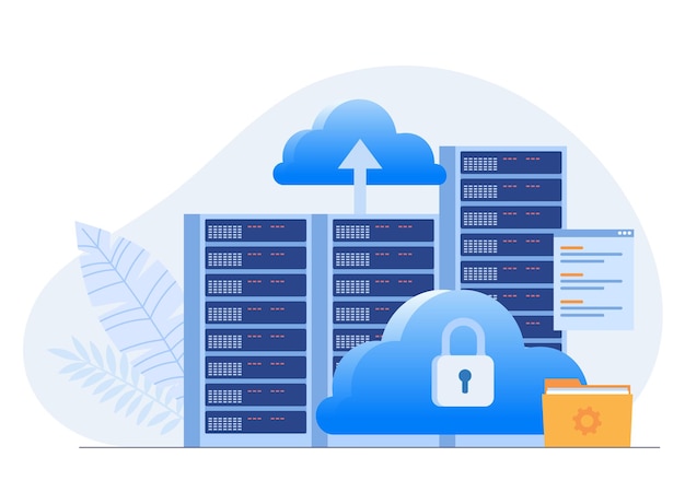 Data server web concept Storage technology database Template of people scene Vector illustration with character activities in flat design for website folder data center