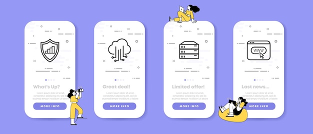 Data transfer set icon Website protect data synchronization Loading and unloading information Pictogram concept UI phone app screens with people Vector line icon for Business and Advertising